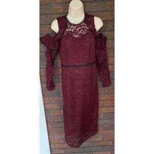 Thalia Sodi Cold Shoulder Lace Dress 8 Red Wine Long Sleeve Lined Back Zip Perfe